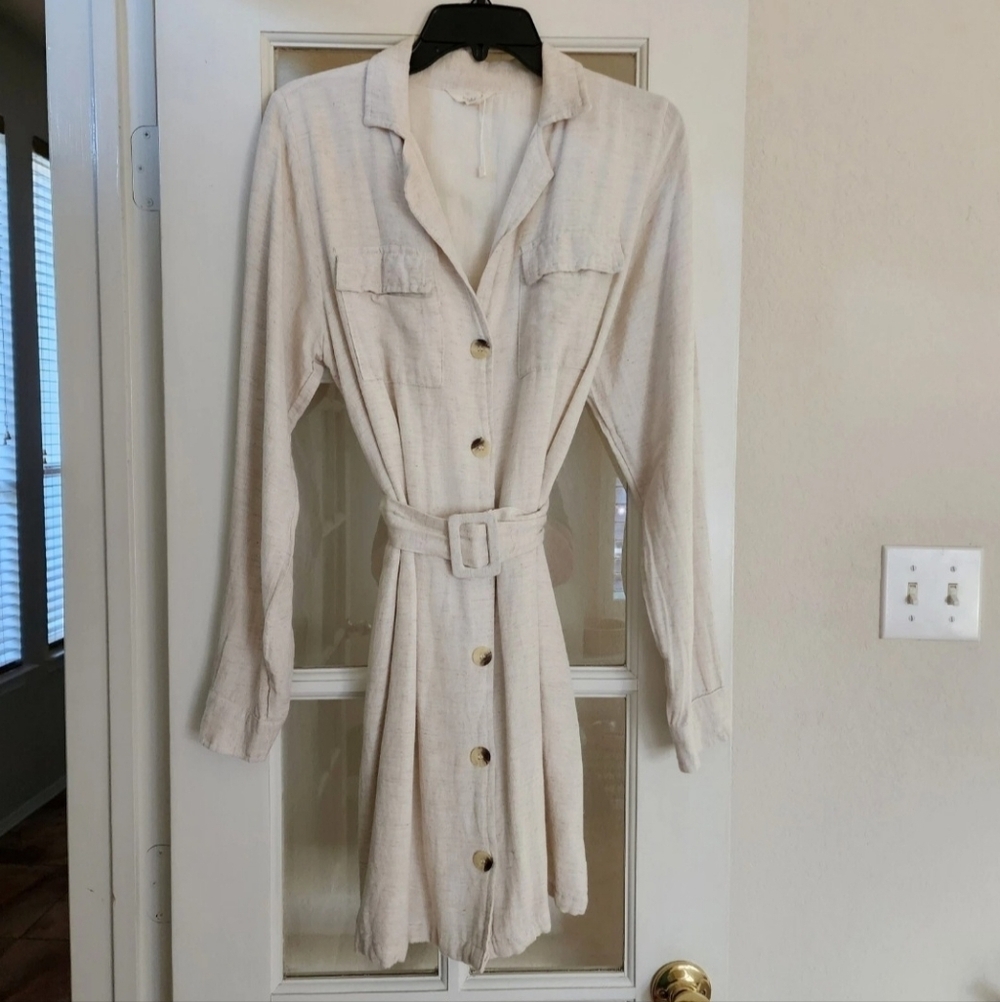 NWOT Sim & Sam Rayon-Linen Button Down Shirt Dress with Belt XL Cream Beige